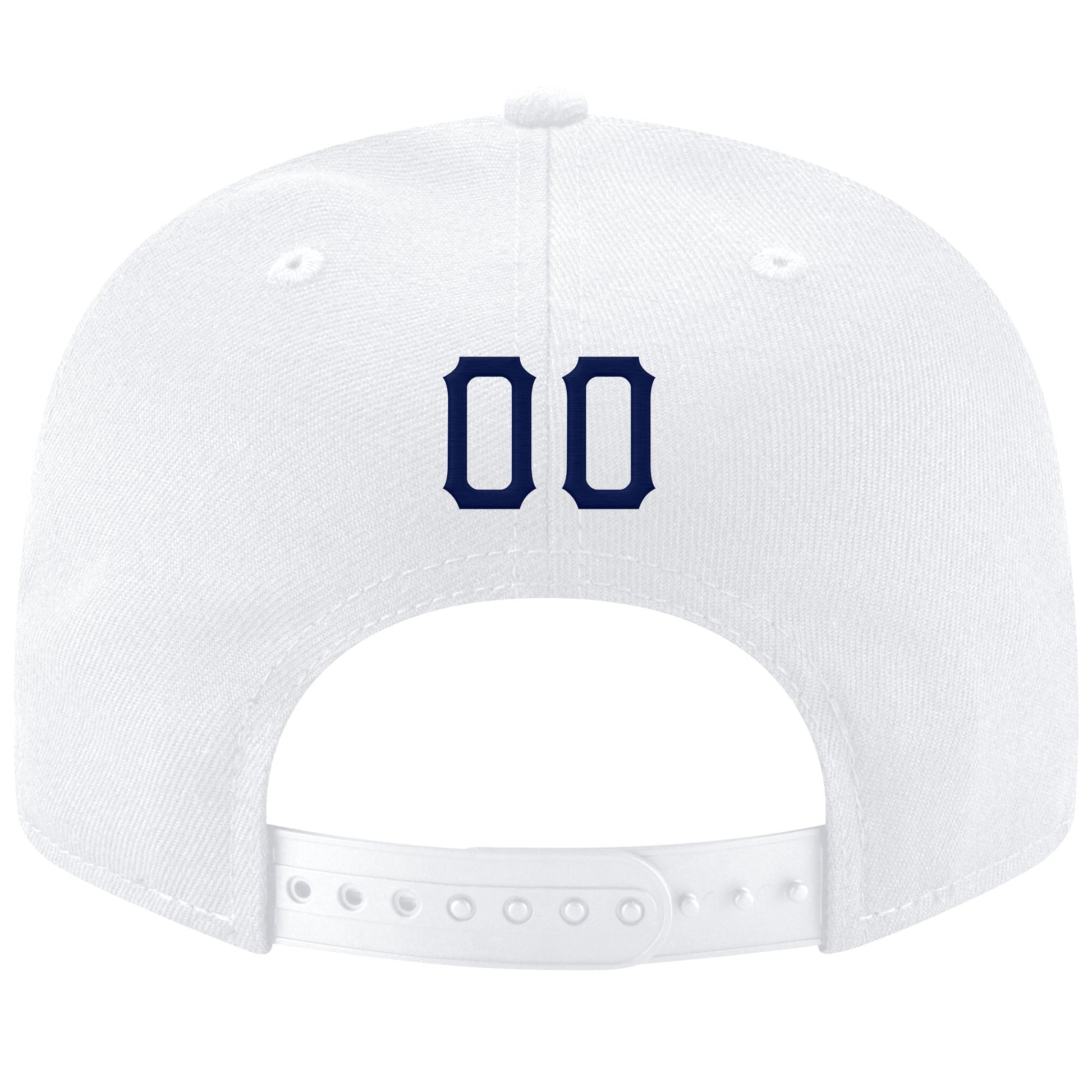 Custom White Navy Stitched Adjustable Snapback Hat view 3