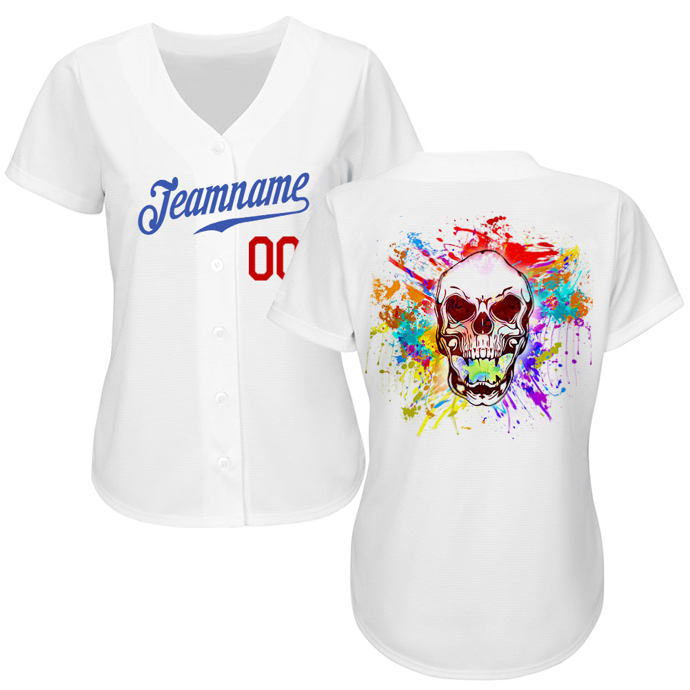 Custom White Royal-Red Authentic Skull Fashion Baseball Jersey view 2