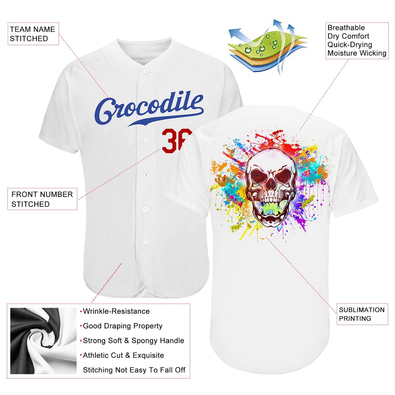 Custom White Royal-Red Authentic Skull Fashion Baseball Jersey view 3