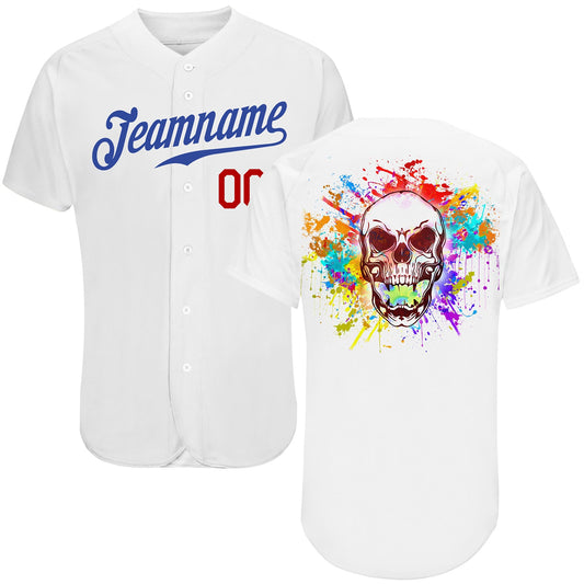 Custom White Royal-Red Authentic Skull Fashion Baseball Jersey - Main View
