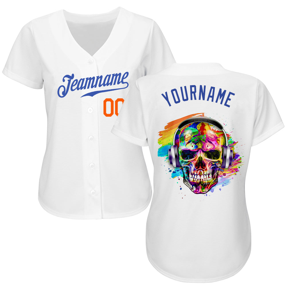 Custom White Royal-Orange Authentic Skull Fashion Baseball Jersey view 2