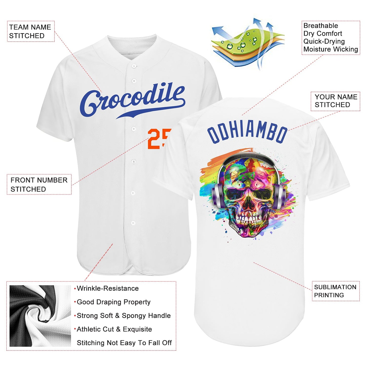 Custom White Royal-Orange Authentic Skull Fashion Baseball Jersey view 3