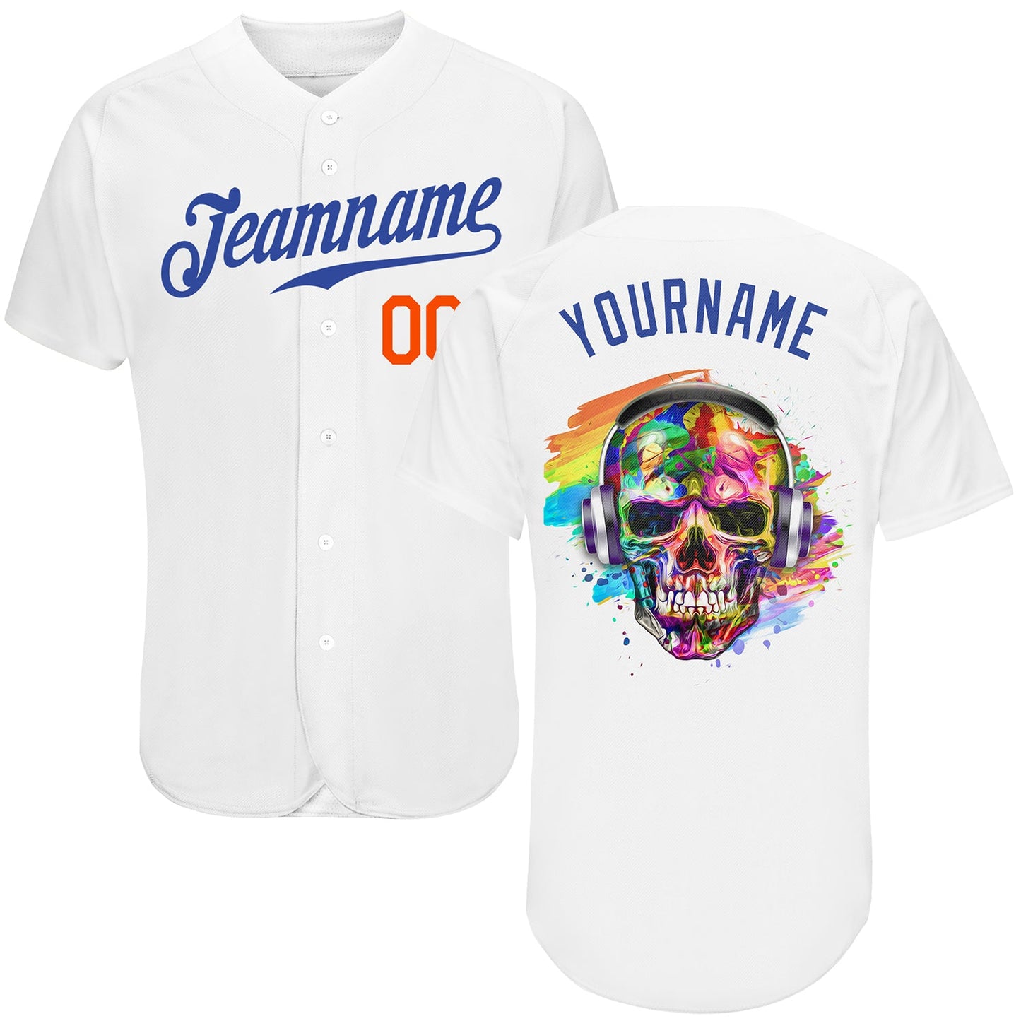 Custom White Royal-Orange Authentic Skull Fashion Baseball Jersey - Main View