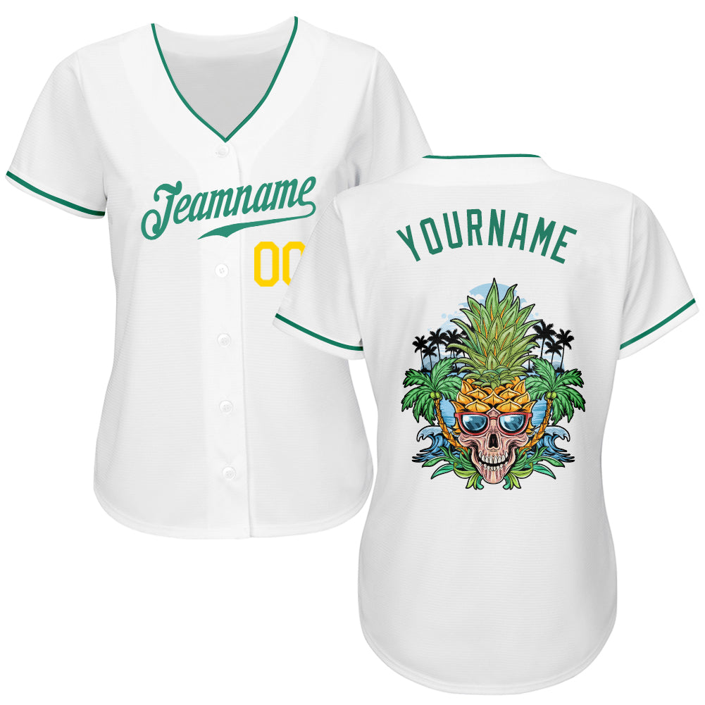 Custom White Kelly Green-Gold Authentic Skull Pineapple Head Baseball Jersey view 2