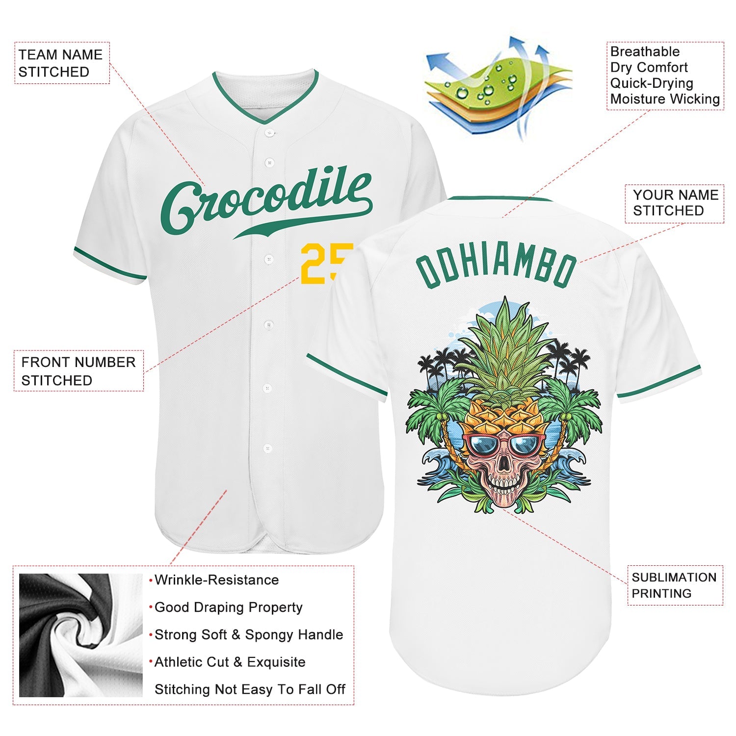 Custom White Kelly Green-Gold Authentic Skull Pineapple Head Baseball Jersey view 3