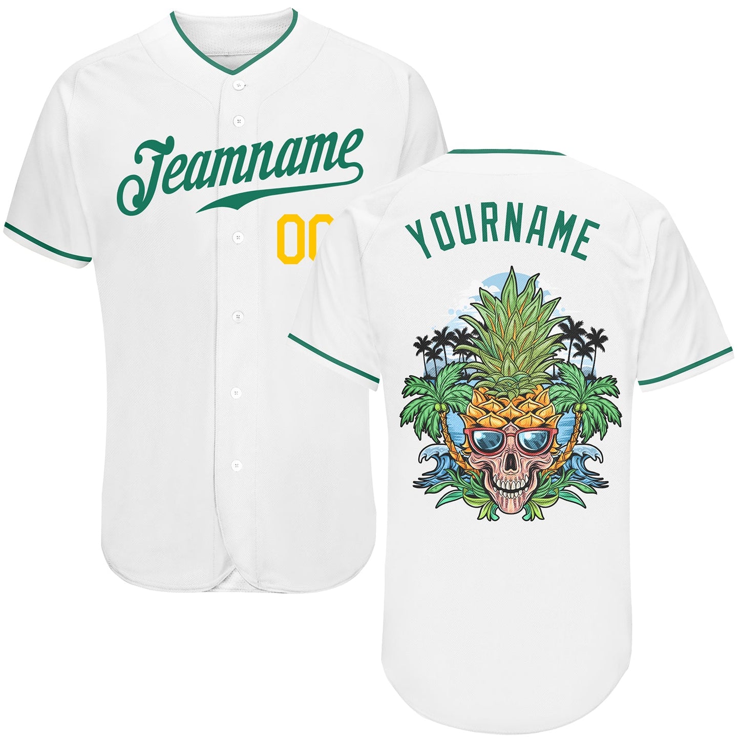 Custom White Kelly Green-Gold Authentic Skull Pineapple Head Baseball Jersey - Main View