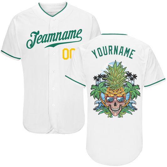 Custom White Kelly Green-Gold Authentic Skull Pineapple Head Baseball Jersey - Main View