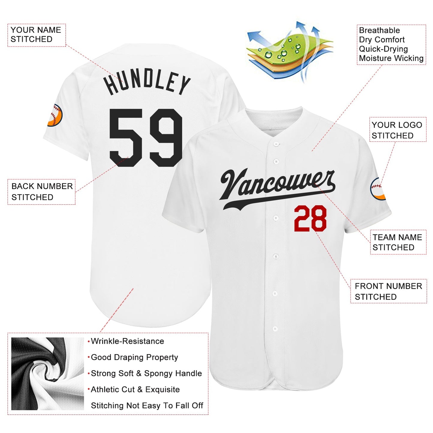 Custom White Black-Red Authentic Baseball Jersey view 3