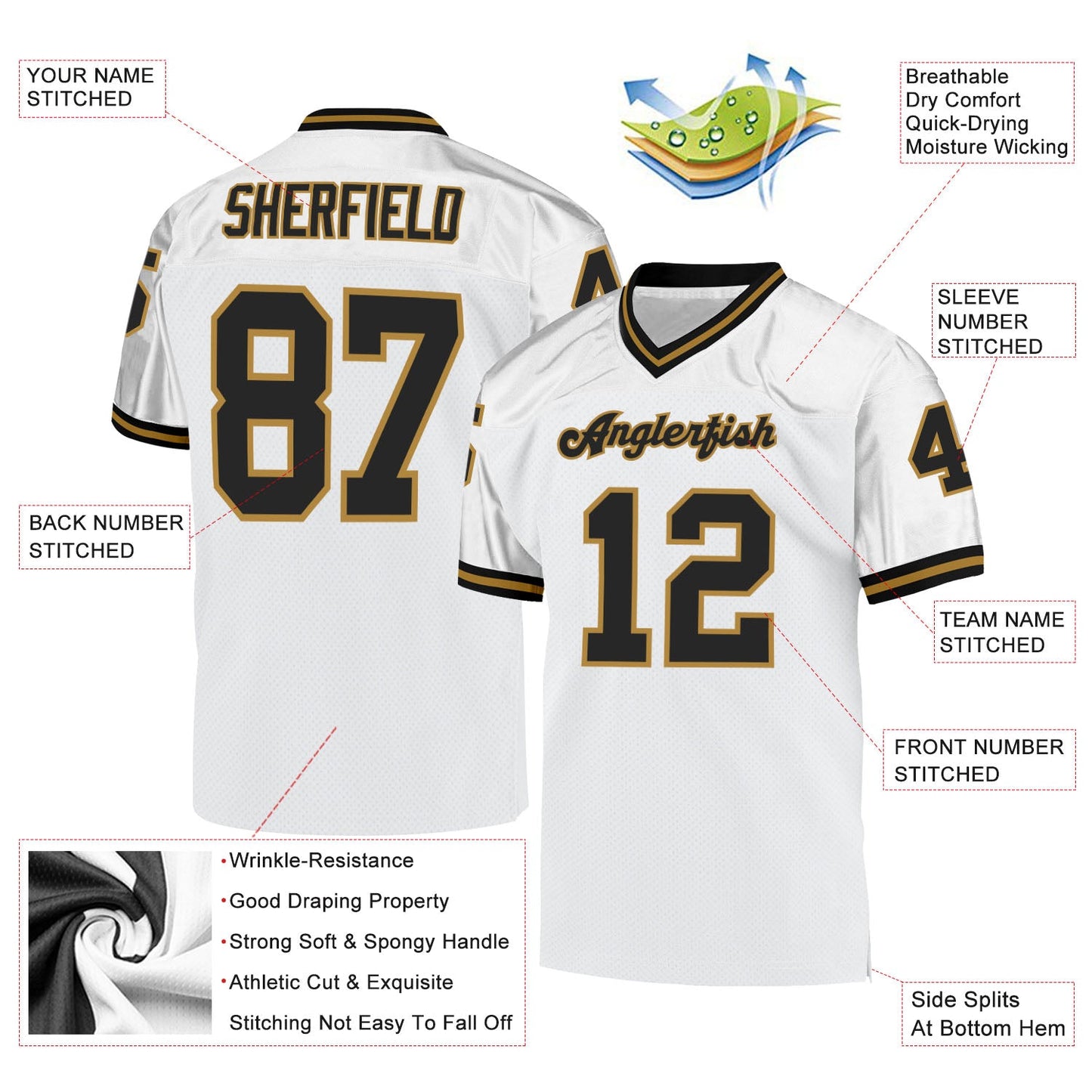 Custom White Black-Old Gold Mesh Authentic Throwback Football Jersey view 4