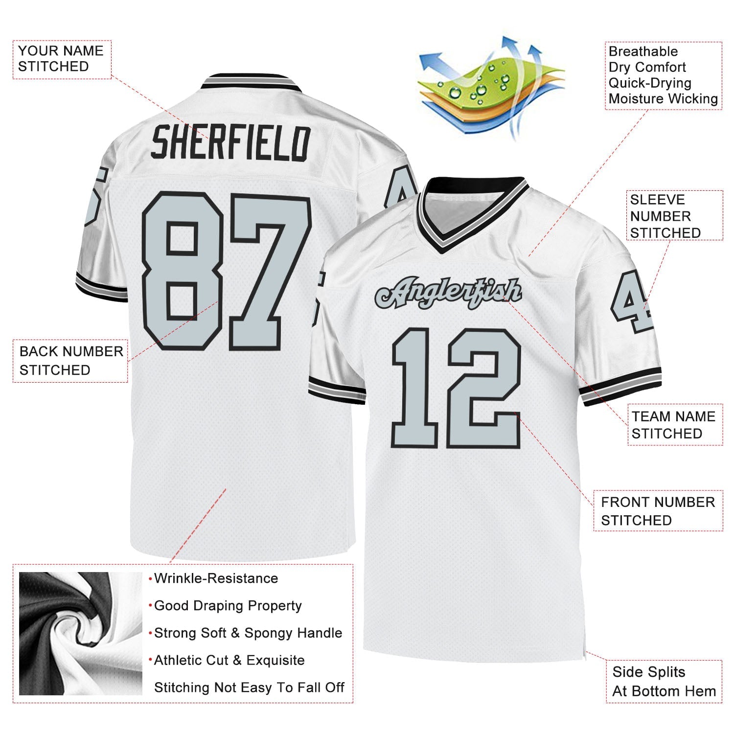 Custom White Silver-Black Mesh Authentic Throwback Football Jersey view 4