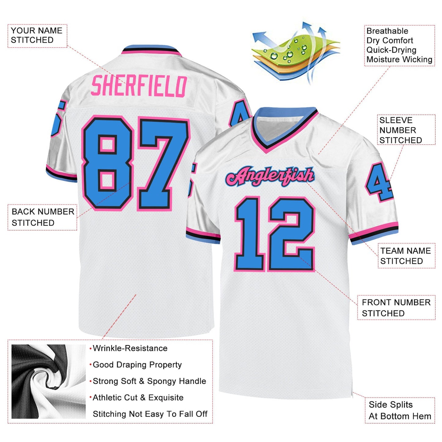 Custom White Powder Blue-Pink Mesh Authentic Throwback Football Jersey view 4