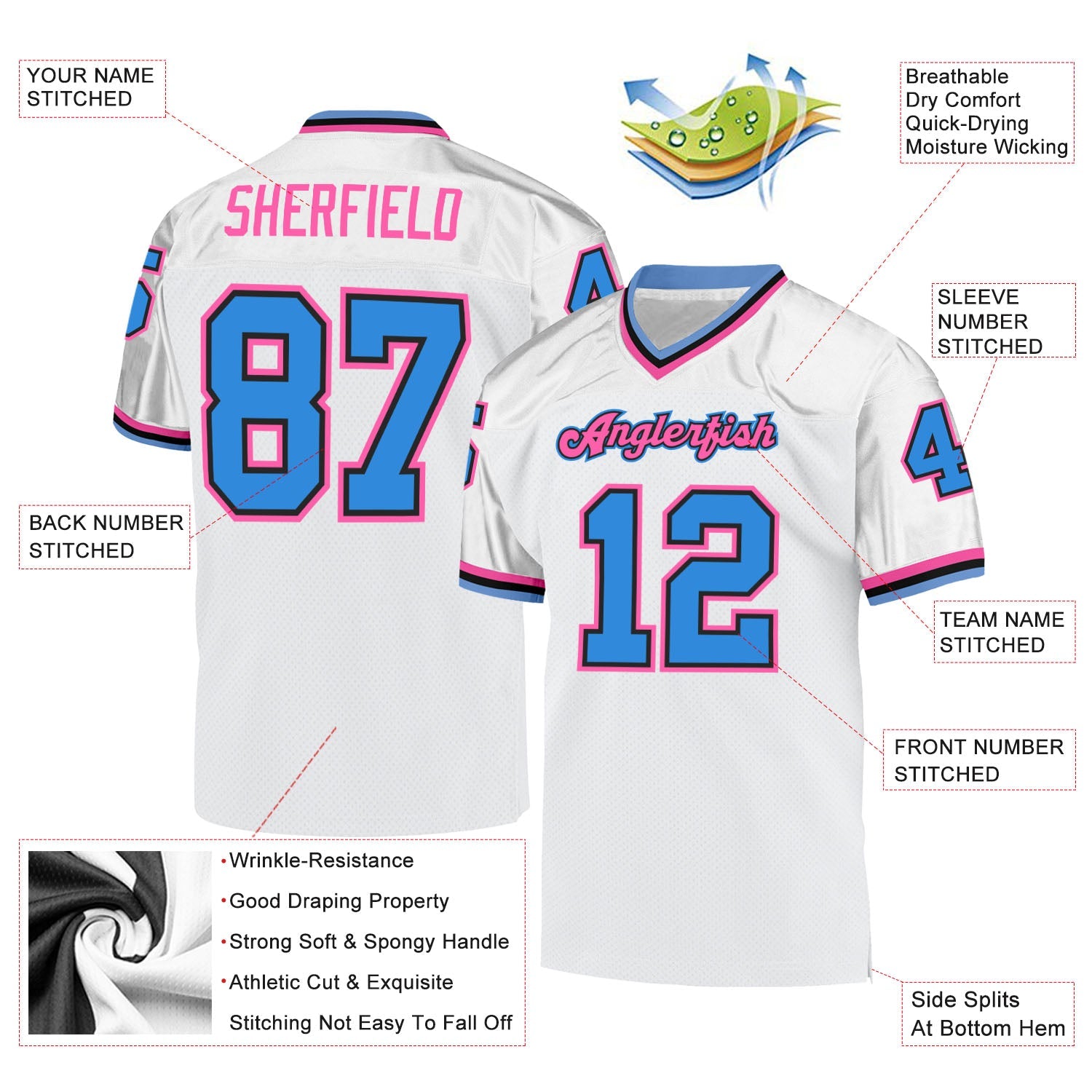 Custom White Powder Blue-Pink Mesh Authentic Throwback Football Jersey view 4