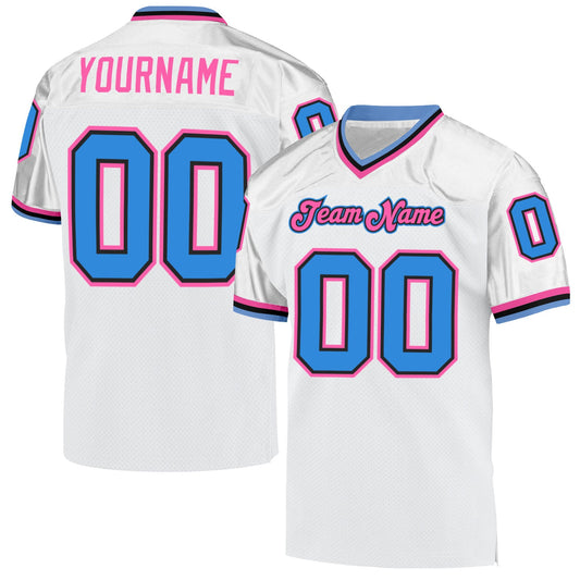 Custom White Powder Blue-Pink Mesh Authentic Throwback Football Jersey - Main View
