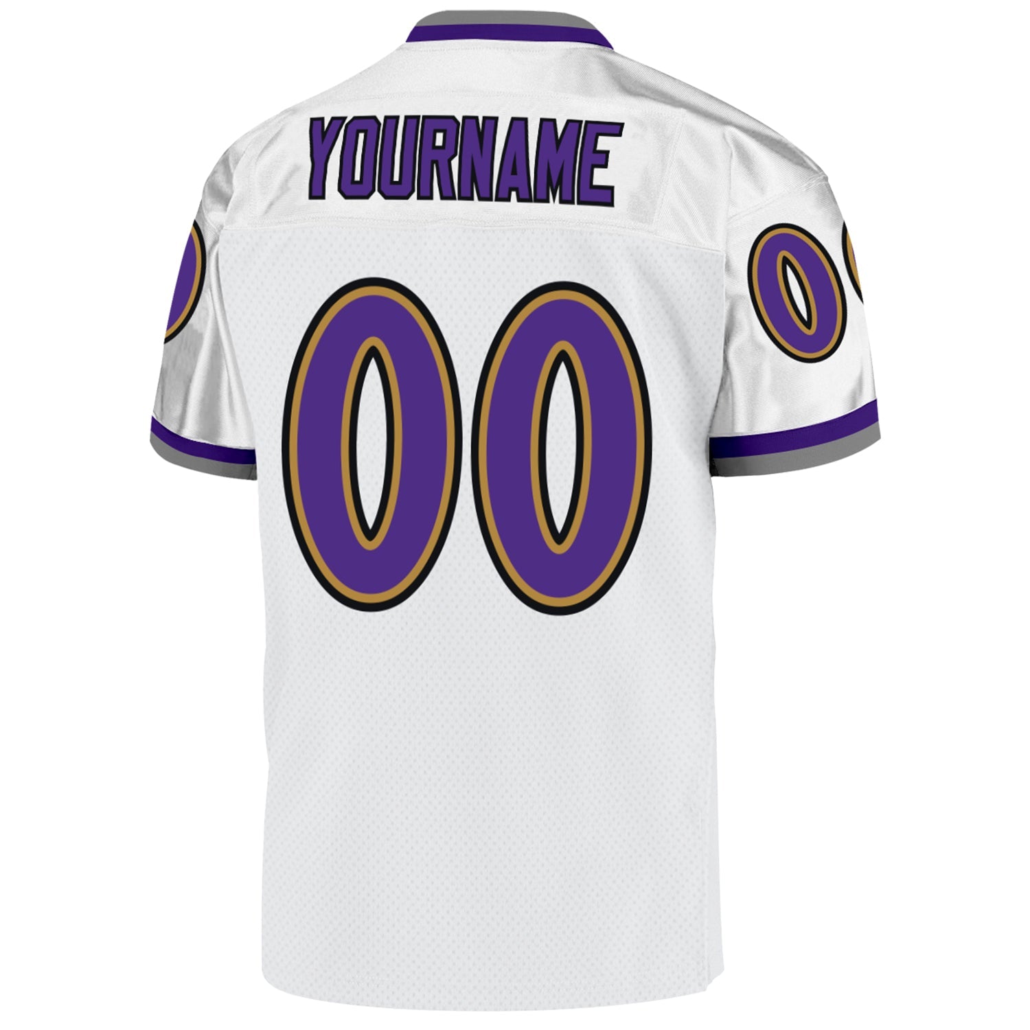 Custom White Purple-Old Gold Mesh Authentic Throwback Football Jersey view 3