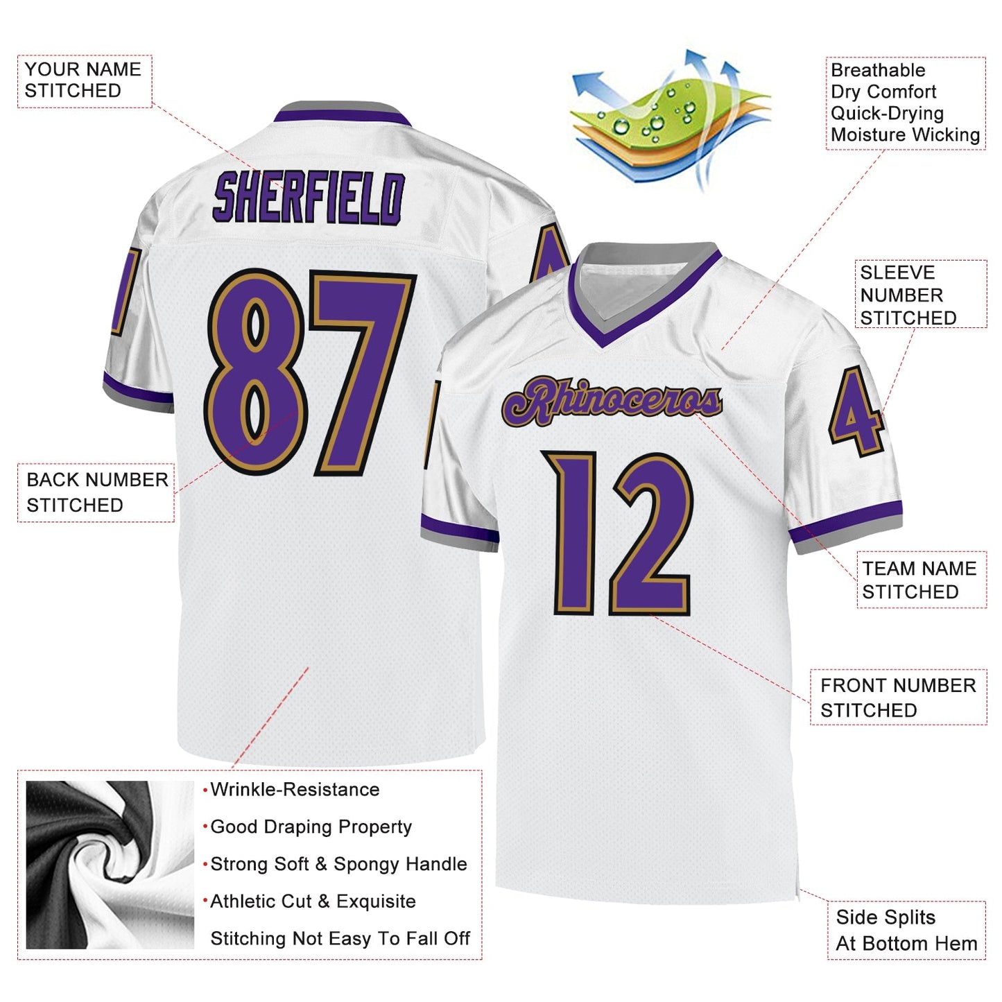 Custom White Purple-Old Gold Mesh Authentic Throwback Football Jersey view 4