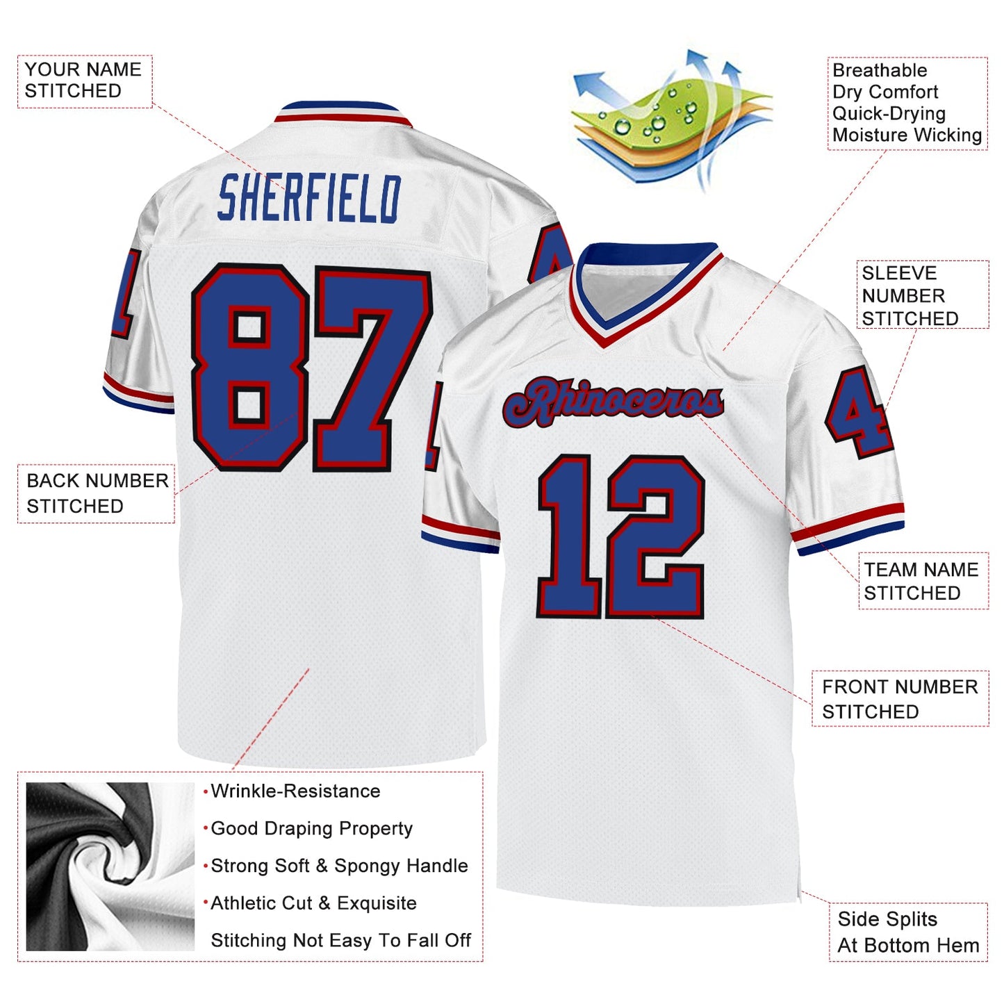 Custom White Royal-Red Mesh Authentic Throwback Football Jersey view 4