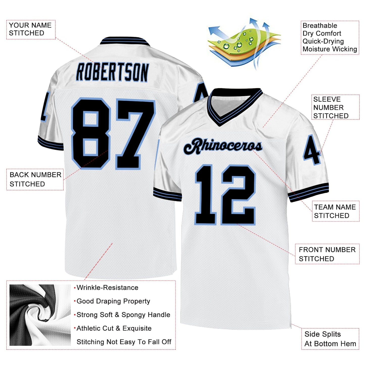 Custom White Black-Light Blue Mesh Authentic Throwback Football Jersey view 4
