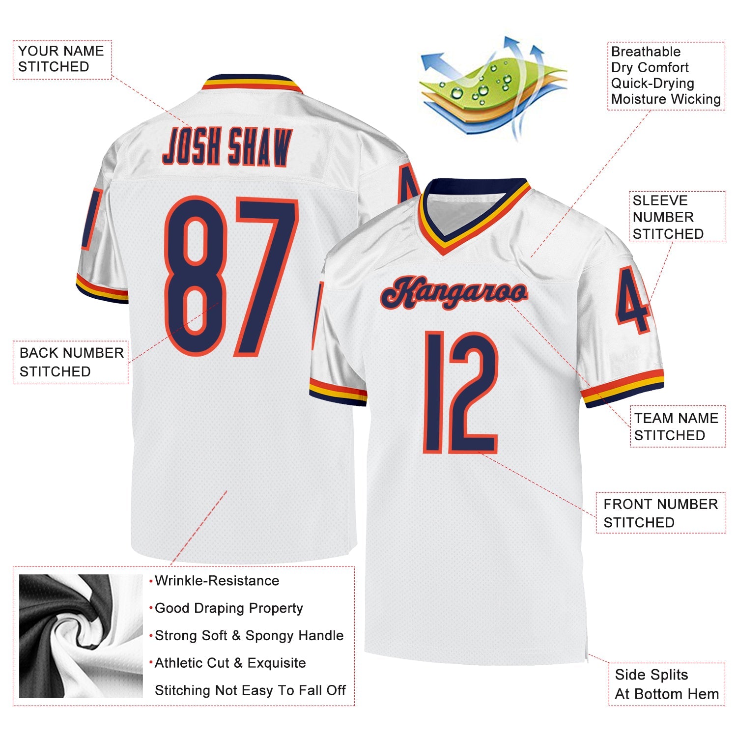 Custom White Navy-Orange Mesh Authentic Throwback Football Jersey view 4