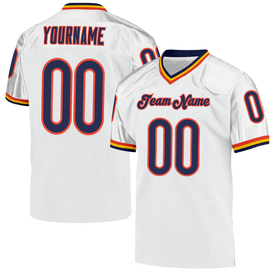 Custom White Navy-Orange Mesh Authentic Throwback Football Jersey - Main View