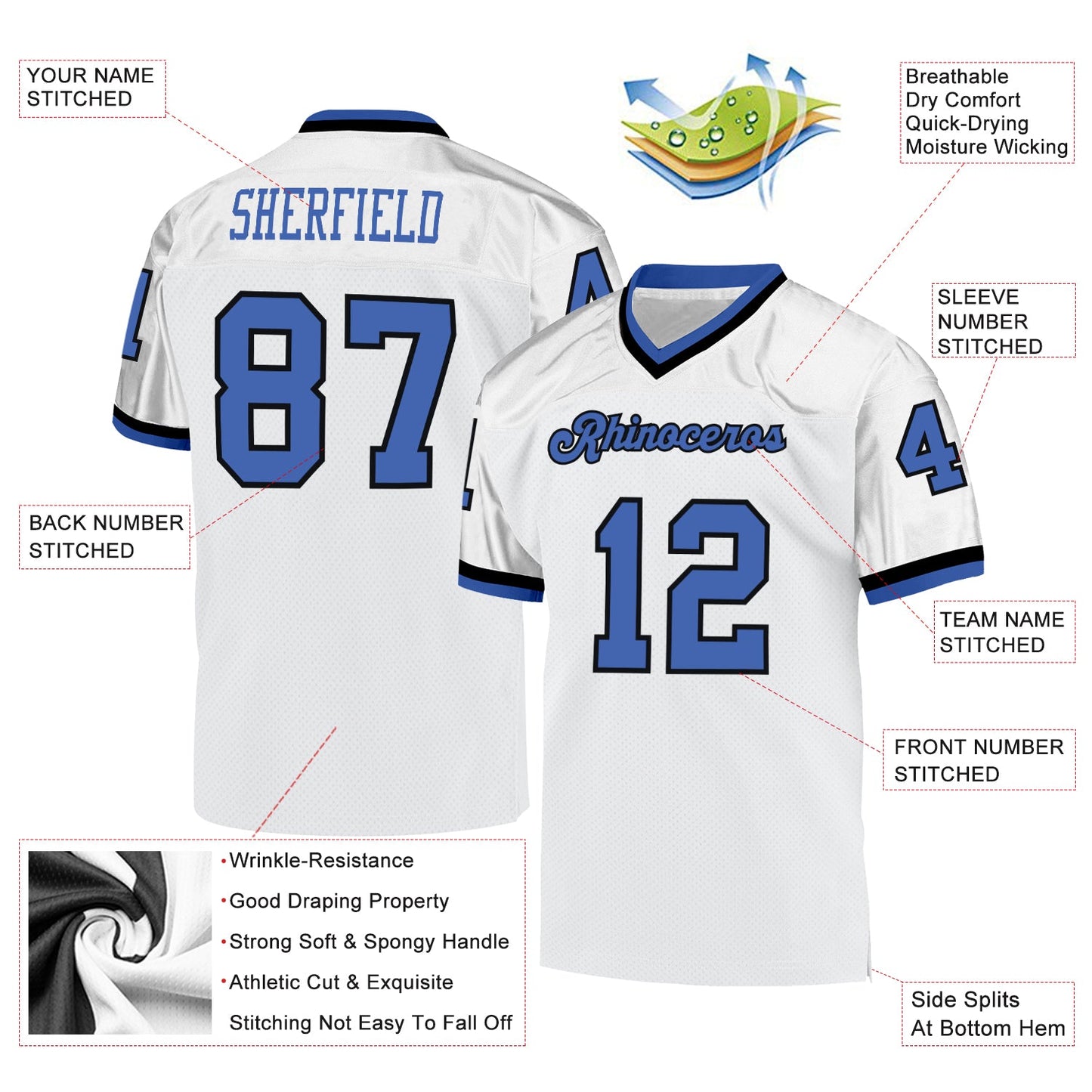 Custom White Blue-Black Mesh Authentic Throwback Football Jersey view 4