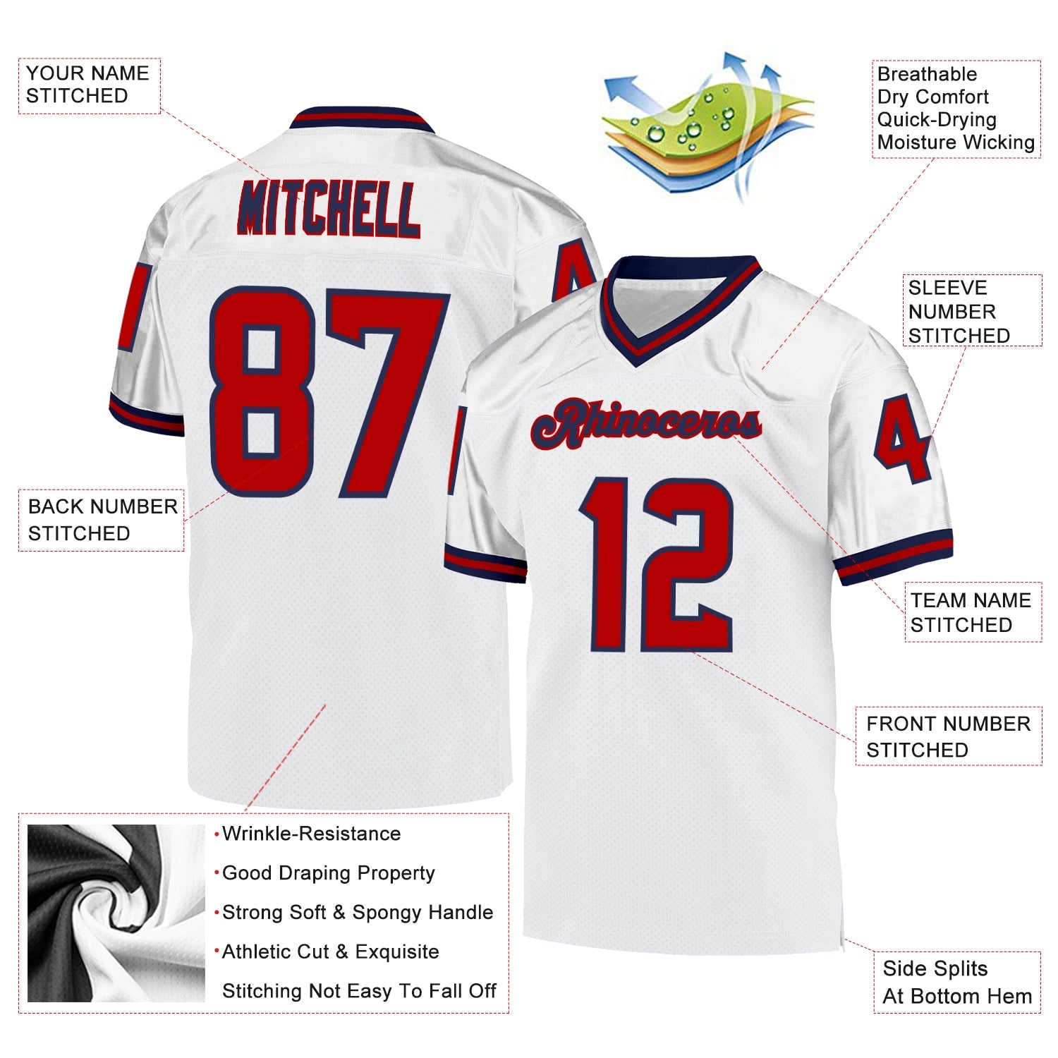 Custom White Red-Navy Mesh Authentic Throwback Football Jersey view 4