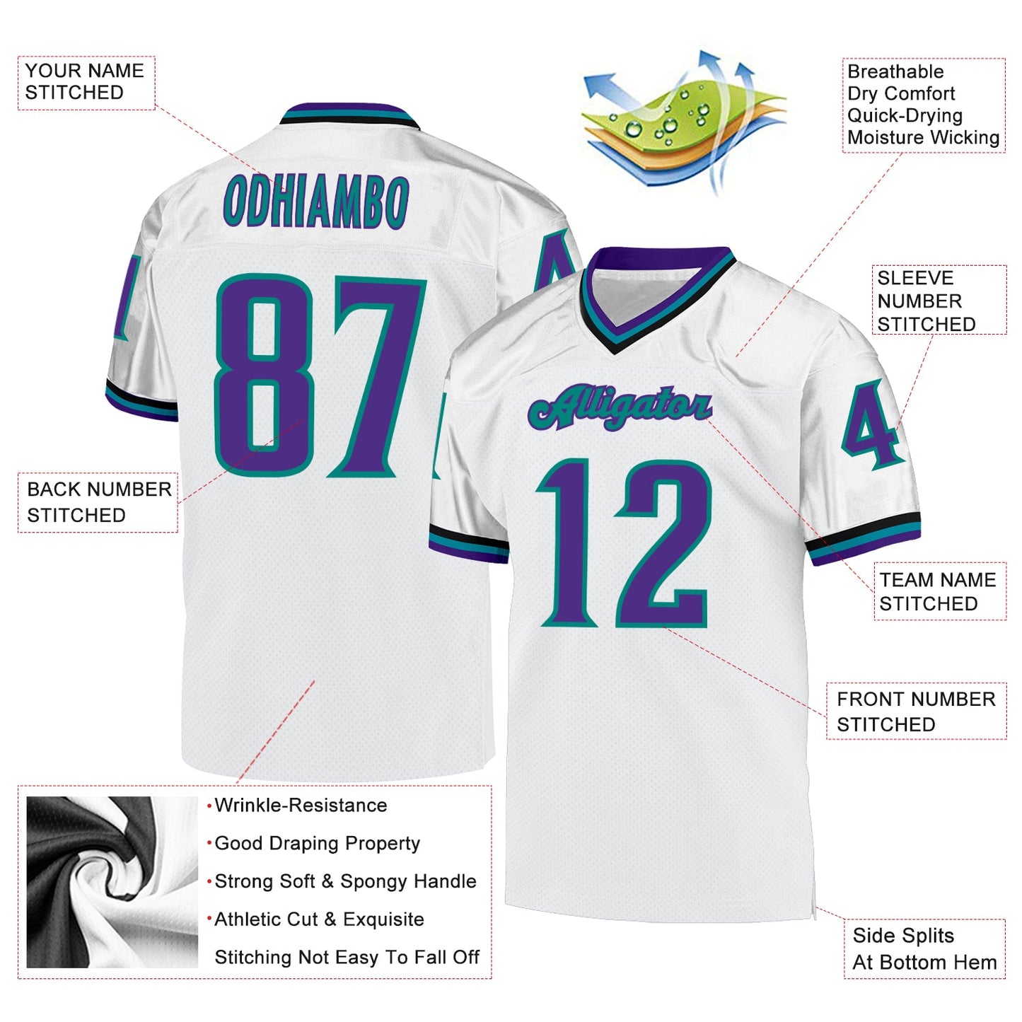Custom White Purple-Aqua Mesh Authentic Throwback Football Jersey view 4