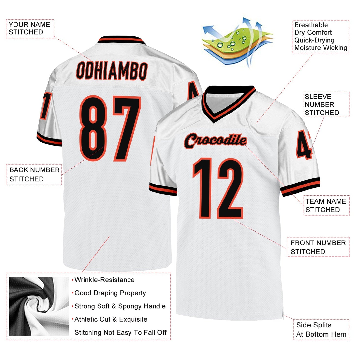 Custom White Black-Orange Mesh Authentic Throwback Football Jersey view 4
