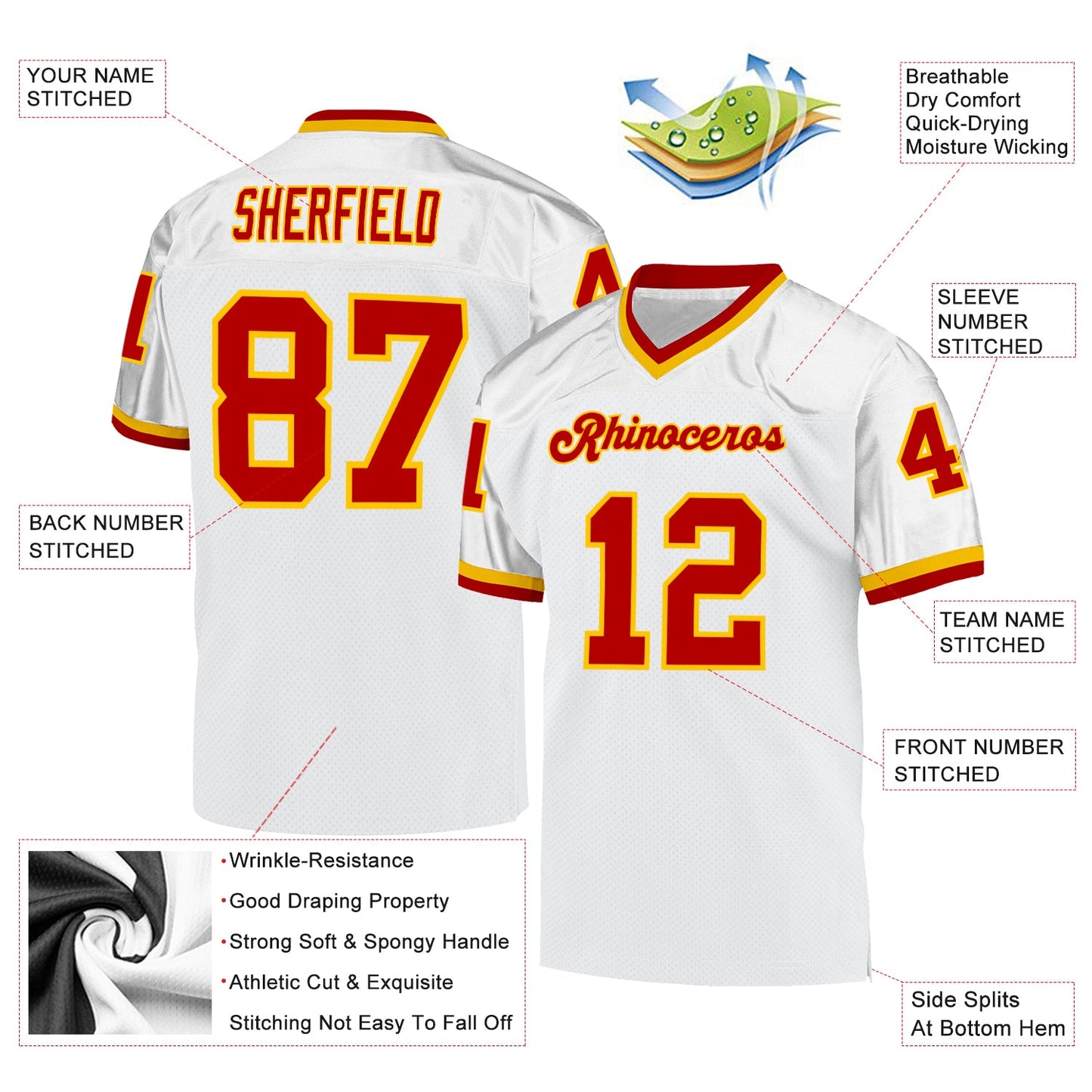 Custom White Red-Gold Mesh Authentic Throwback Football Jersey view 4