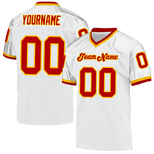 Custom White Red-Gold Mesh Authentic Throwback Football Jersey - Main View