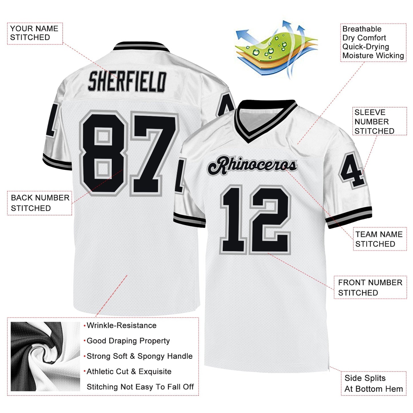 Custom White Black-Gray Mesh Authentic Throwback Football Jersey view 4