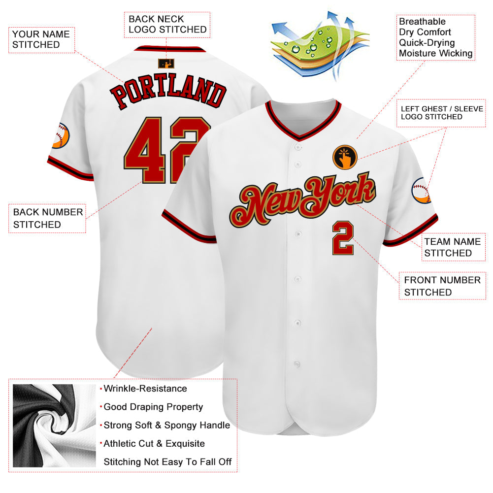 Custom White Red-Old Gold Authentic Baseball Jersey view 3