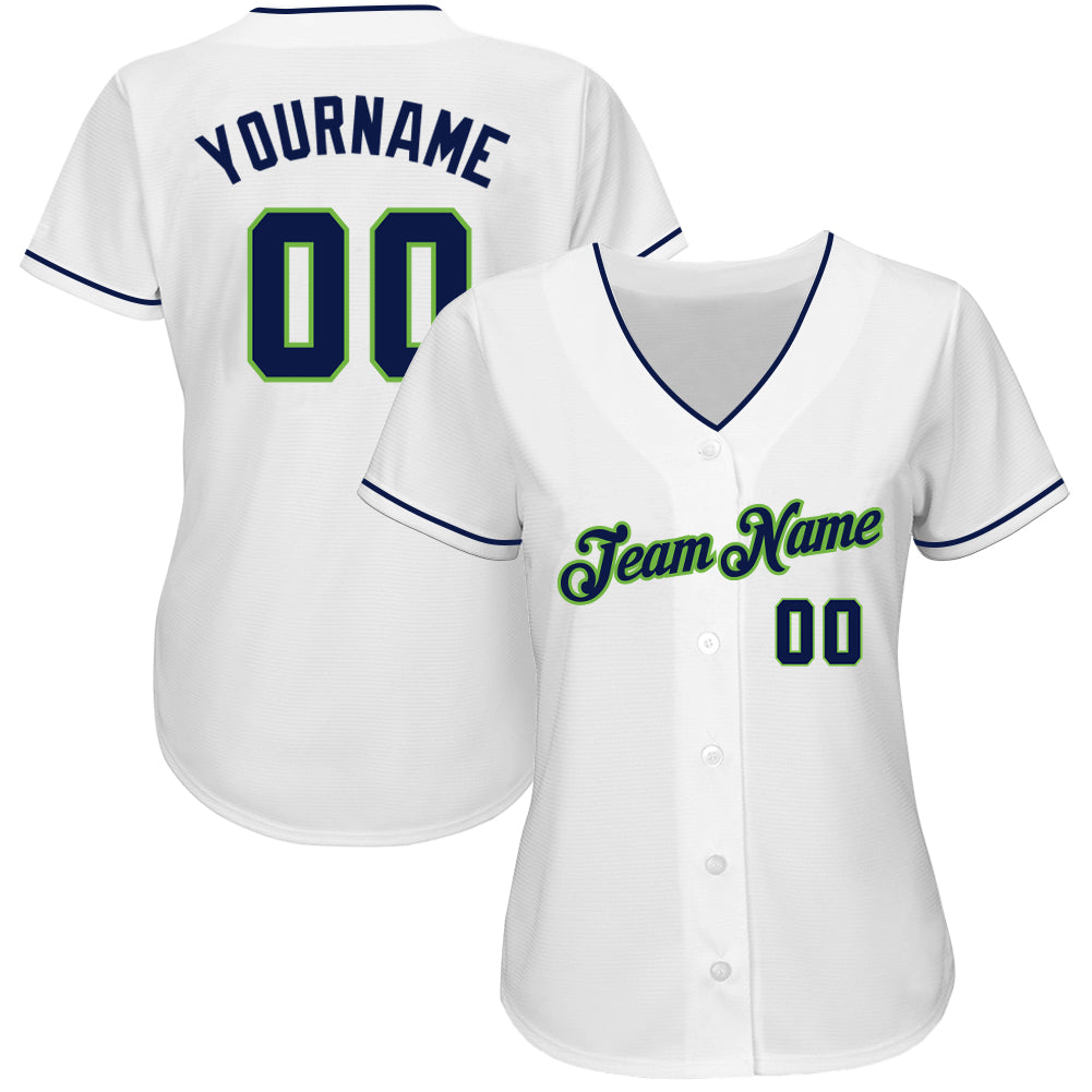 Custom White Navy-Neon Green Authentic Baseball Jersey view 2