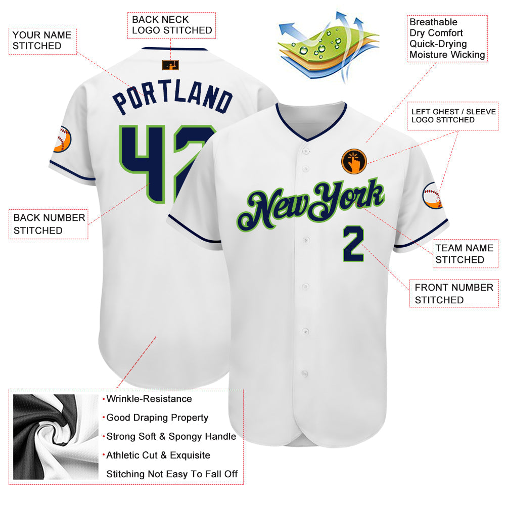 Custom White Navy-Neon Green Authentic Baseball Jersey view 3