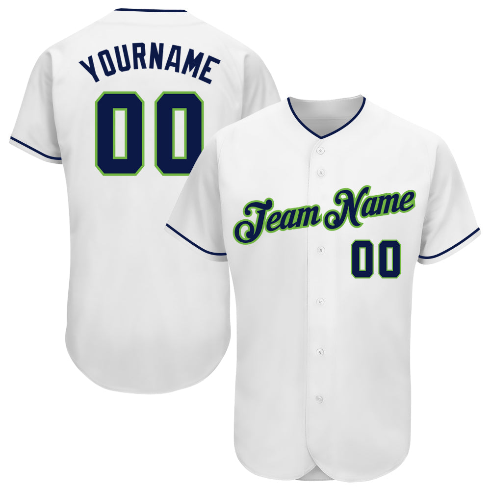 Custom White Navy-Neon Green Authentic Baseball Jersey - Main View