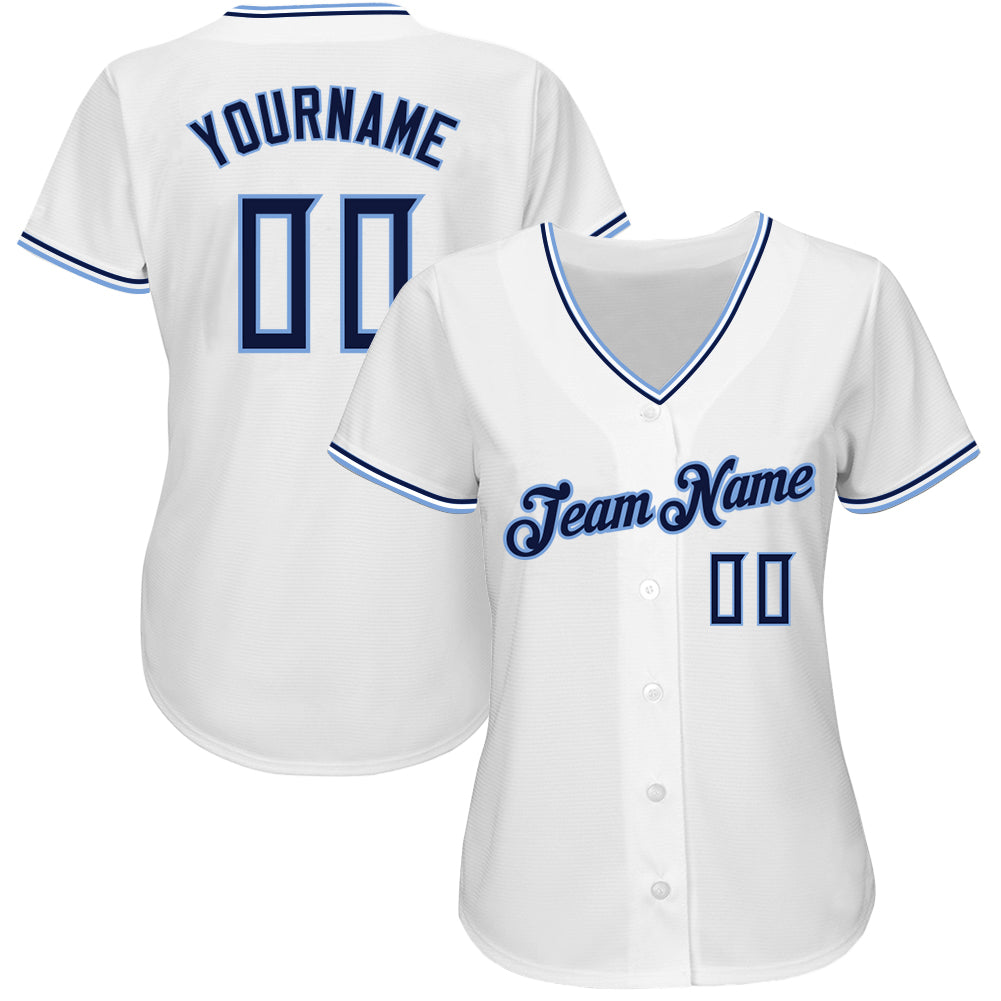 Custom White Navy-Powder Blue Authentic Baseball Jersey view 2
