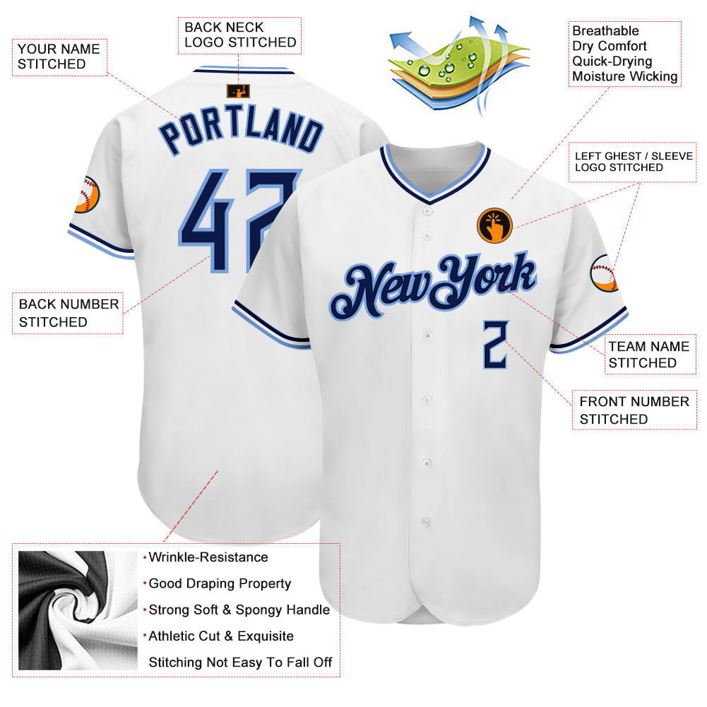 Custom White Navy-Powder Blue Authentic Baseball Jersey view 3