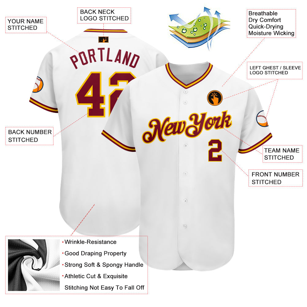 Custom White Crimson-Gold Authentic Baseball Jersey view 3