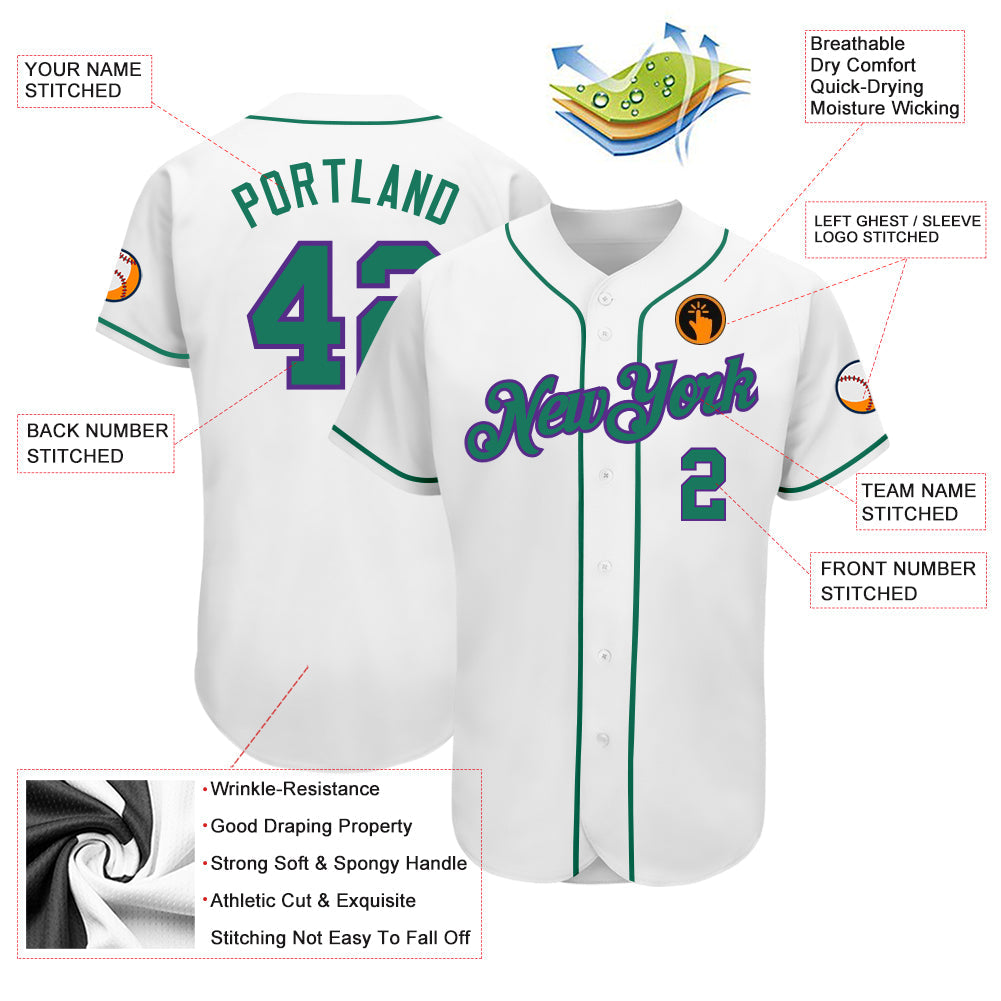 Custom White Kelly Green-Purple Authentic Baseball Jersey view 3