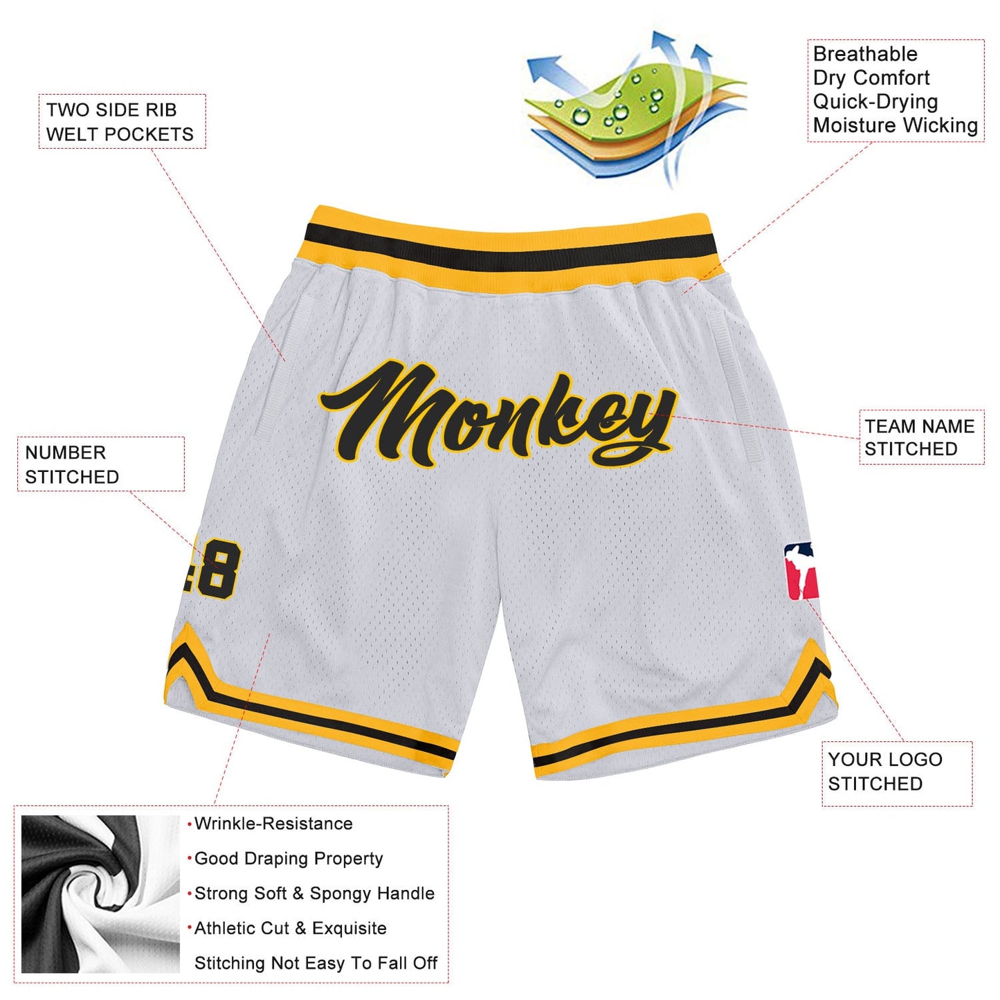 Custom White Black-Gold Authentic Throwback Basketball Shorts view 2