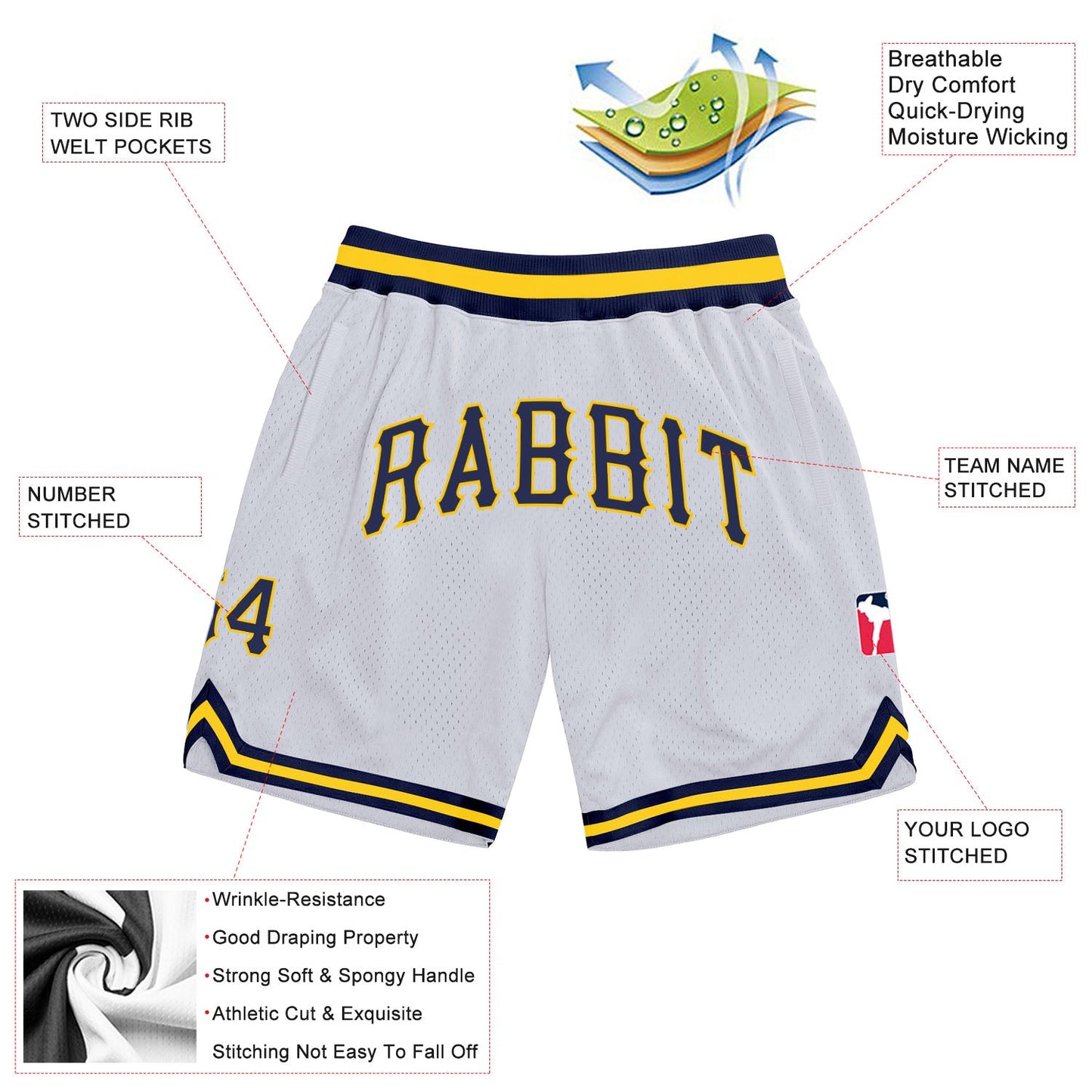Custom White Navy-Gold Authentic Throwback Basketball Shorts view 2