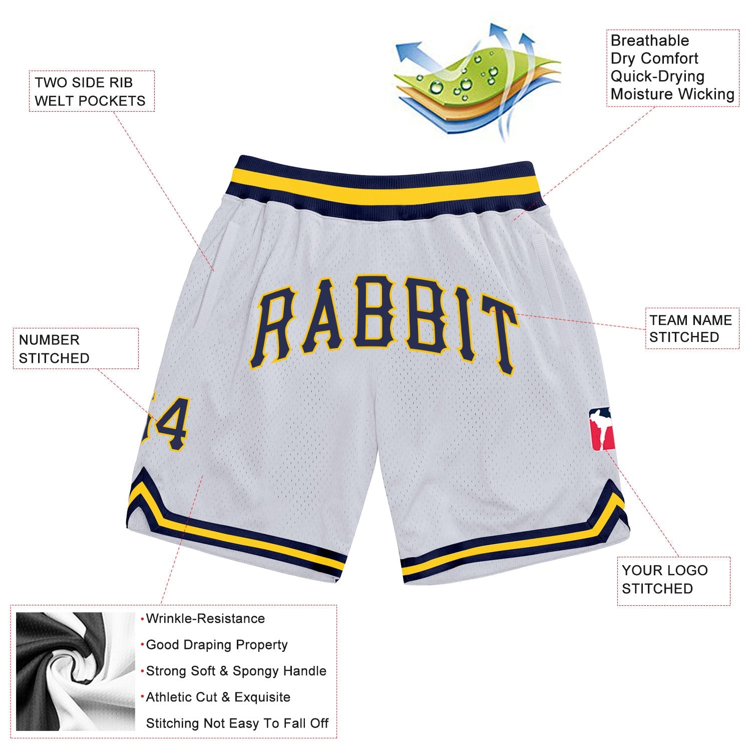 Custom White Navy-Gold Authentic Throwback Basketball Shorts view 2