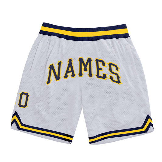 Custom White Navy-Gold Authentic Throwback Basketball Shorts - Main View