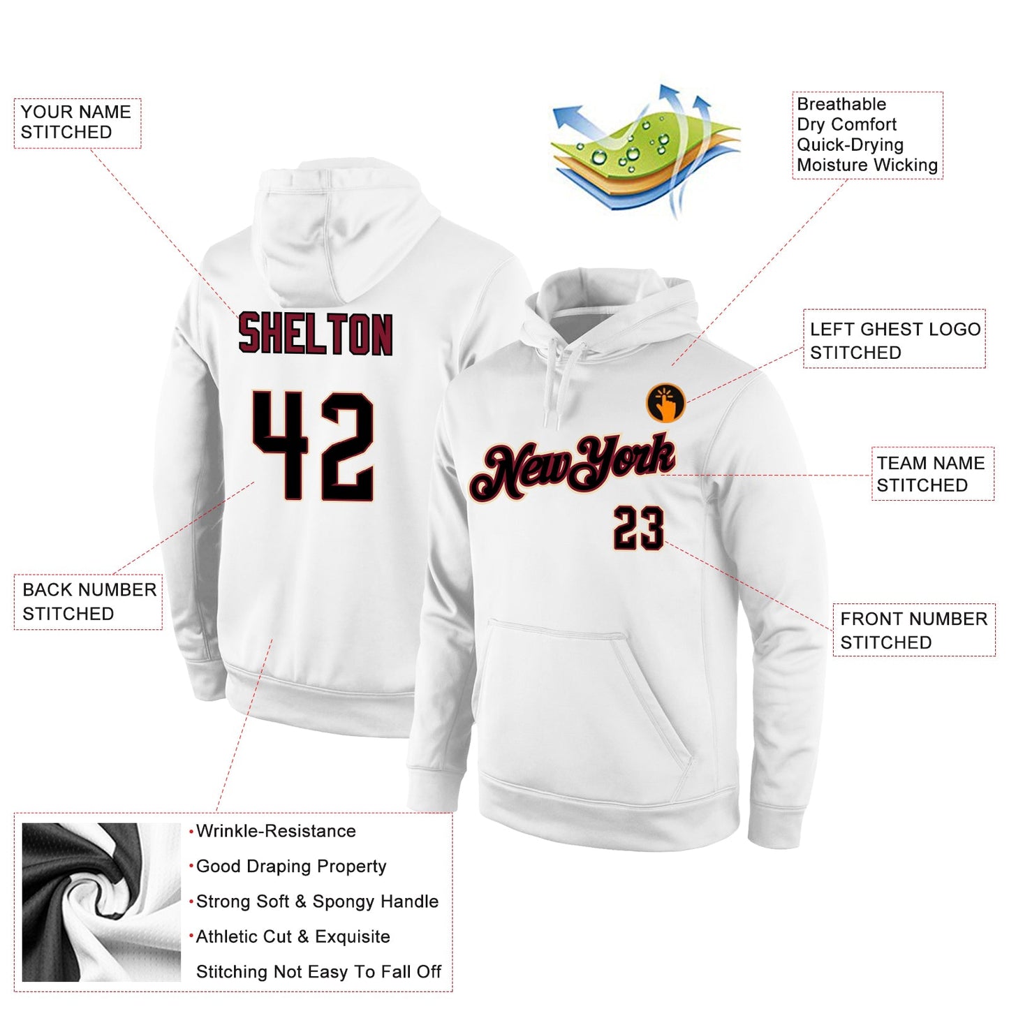 Custom Stitched White Black-Crimson Sports Pullover Sweatshirt Hoodie view 4