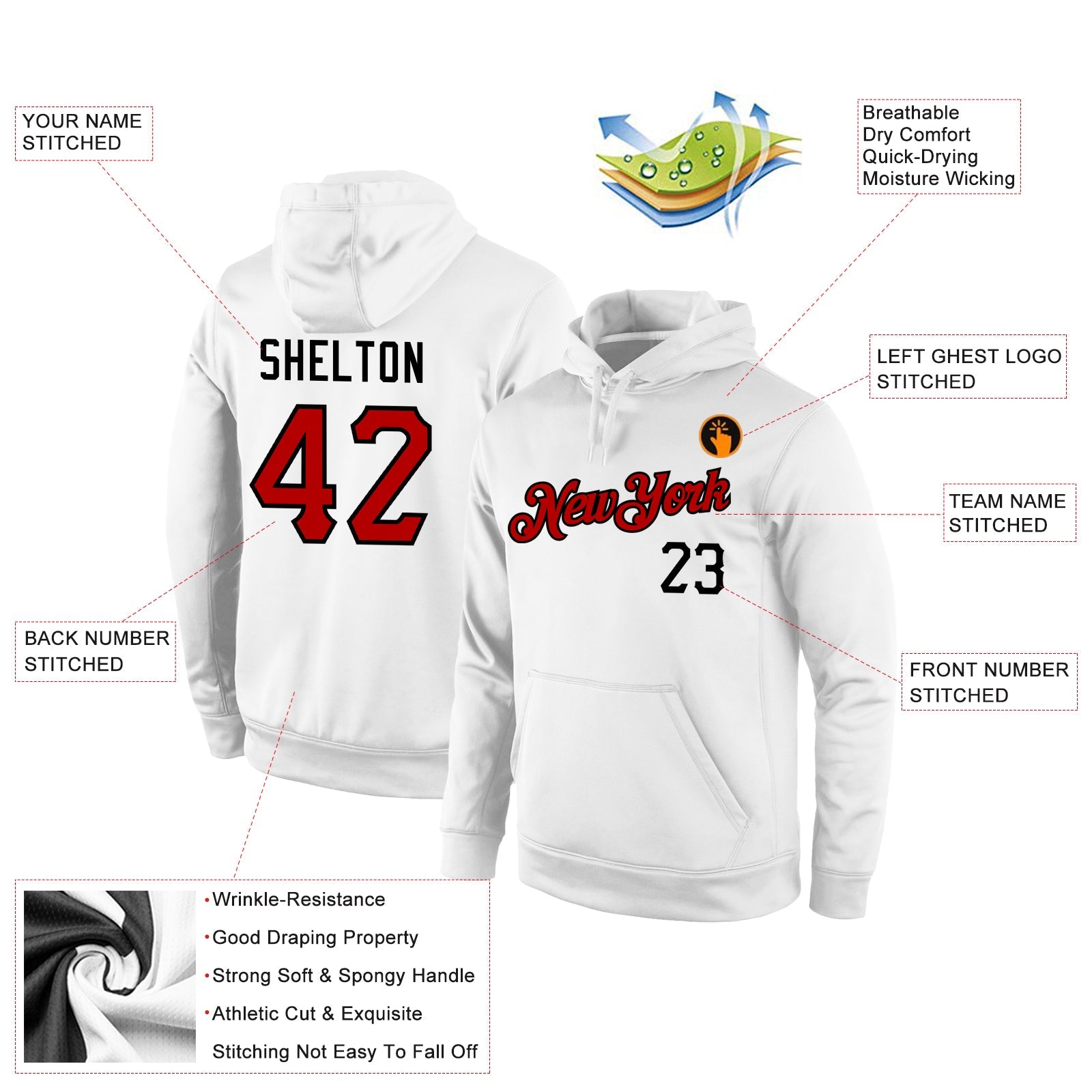 Custom Stitched White Red-Black Sports Pullover Sweatshirt Hoodie view 4