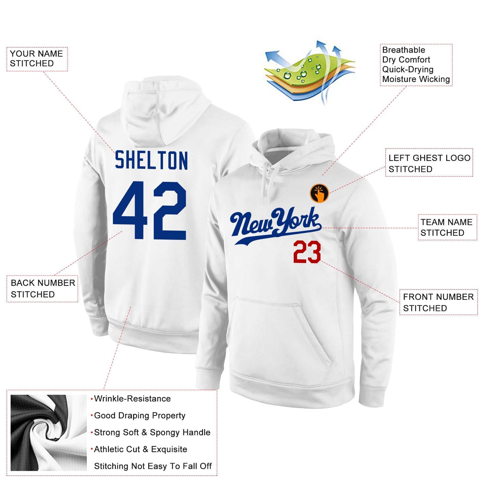 Custom Stitched White Royal-Red Sports Pullover Sweatshirt Hoodie view 4