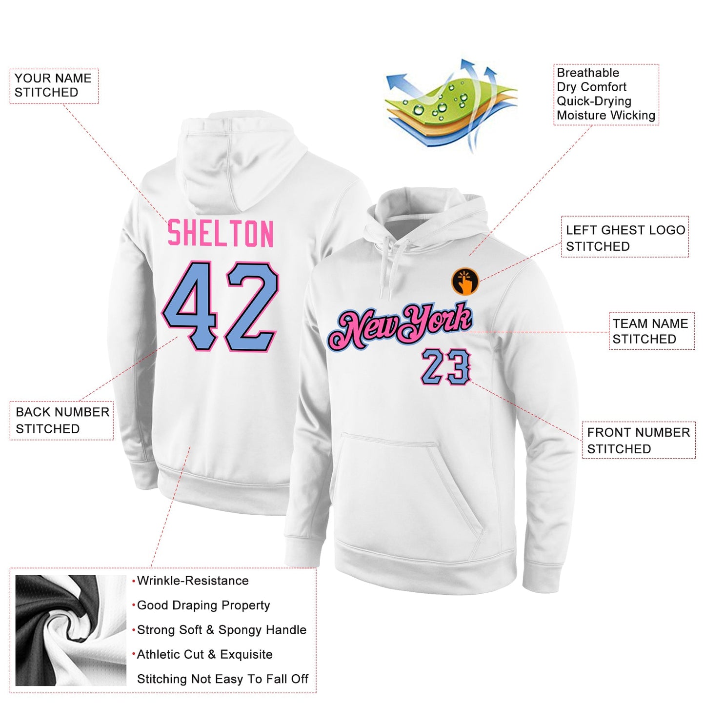 Custom Stitched White Light Blue-Pink Sports Pullover Sweatshirt Hoodie view 4