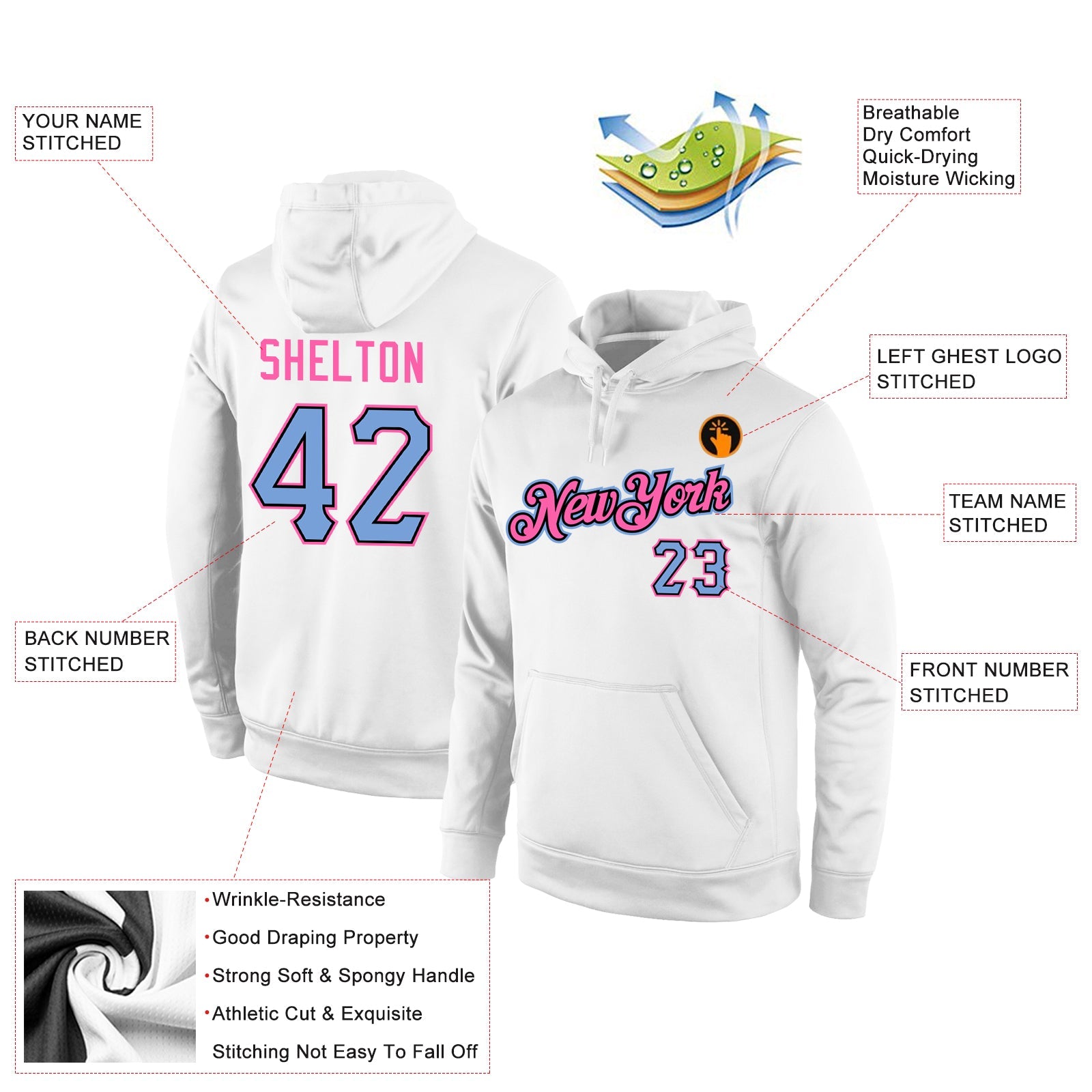 Custom Stitched White Light Blue-Pink Sports Pullover Sweatshirt Hoodie view 4