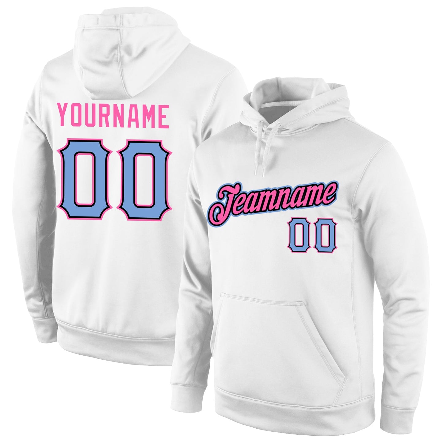 Custom Stitched White Light Blue-Pink Sports Pullover Sweatshirt Hoodie - Main View
