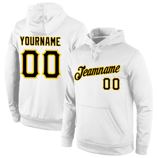 Custom Stitched White Black-Gold Sports Pullover Sweatshirt Hoodie - Main View