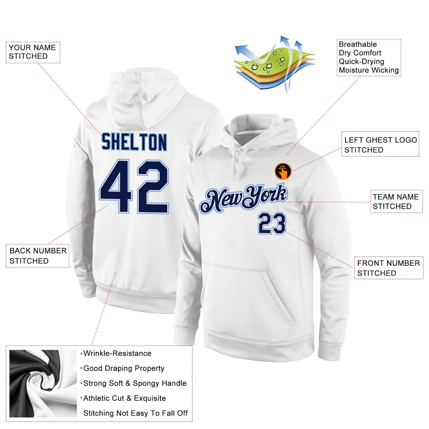 Custom Stitched White Navy-Light Blue Sports Pullover Sweatshirt Hoodie view 4